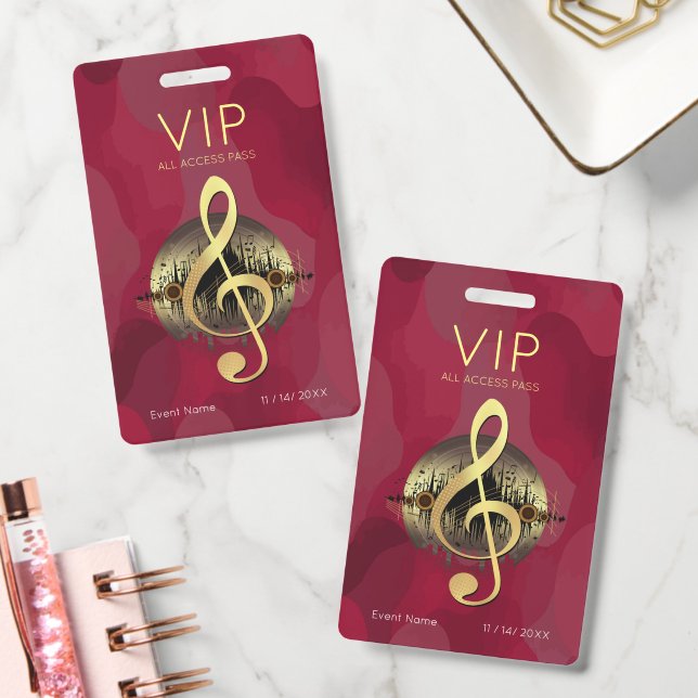 Gold Treble Clef VIP All Access Red Abstract ID Badge (Office)