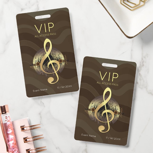 Gold Treble Clef VIP All Access Warm Abstract Wave ID Badge (Office)