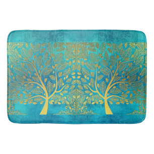 Gold Tree and Leaves Reflection on Turquoise Blue  Bath Mat