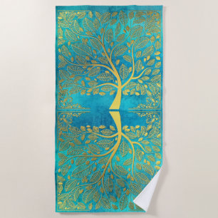Gold Tree and Leaves Reflection on Turquoise Blue Beach Towel