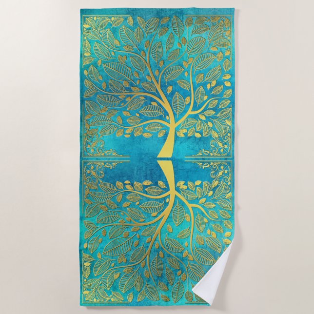 Gold Tree and Leaves Reflection on Turquoise Blue Beach Towel (Front)