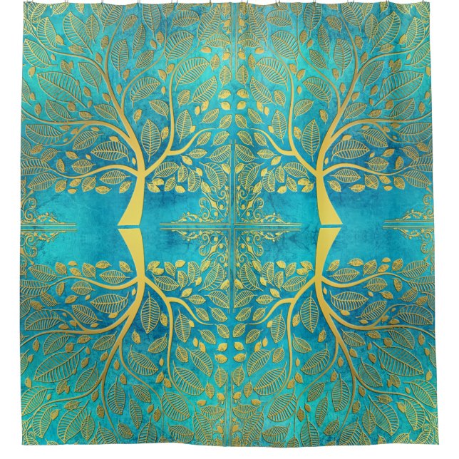 Gold Tree and Leaves Reflection on Turquoise Blue Shower Curtain (Front)