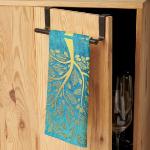 Gold Tree and Leaves Reflection on Turquoise Blue  Tea Towel