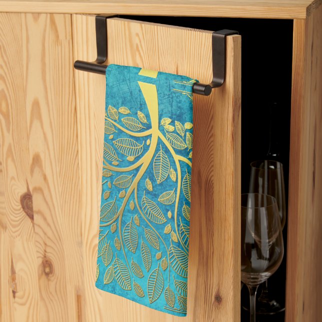 Gold Tree and Leaves Reflection on Turquoise Blue  Tea Towel (Thirds Fold)