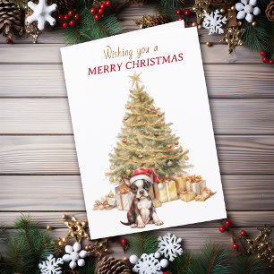 Gold Tree Boston Terrier Puppy Christmas Card