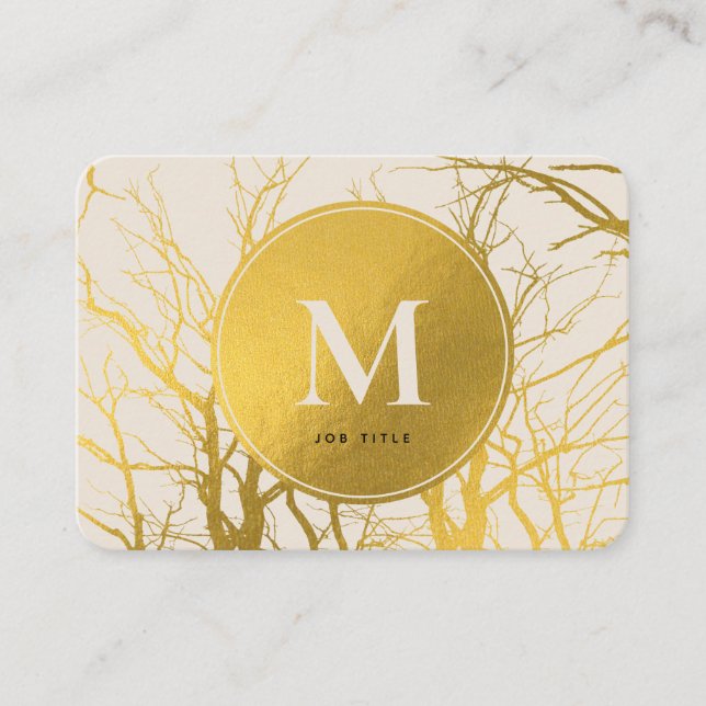Gold Tree Branches Beige Monogram Professional Business Card (Front)