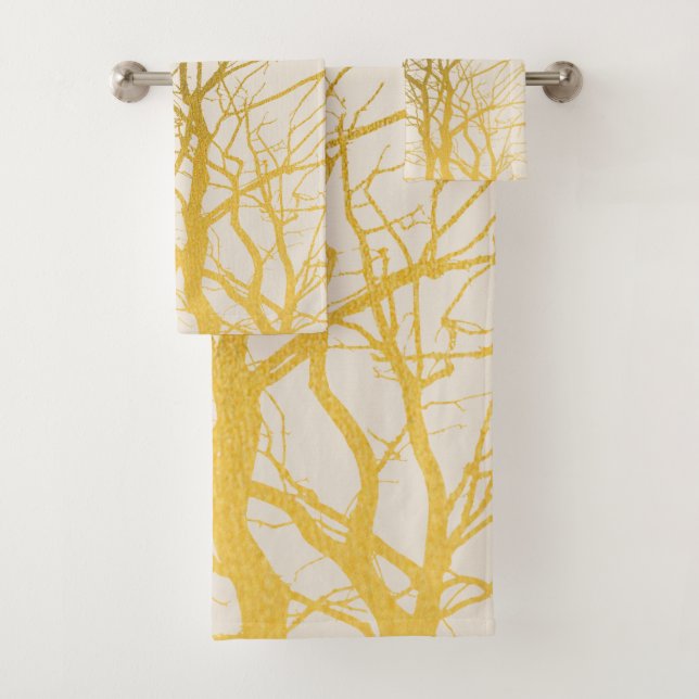 Gold Tree Branches Pattern Beige Background Bath Towel Set (Insitu)