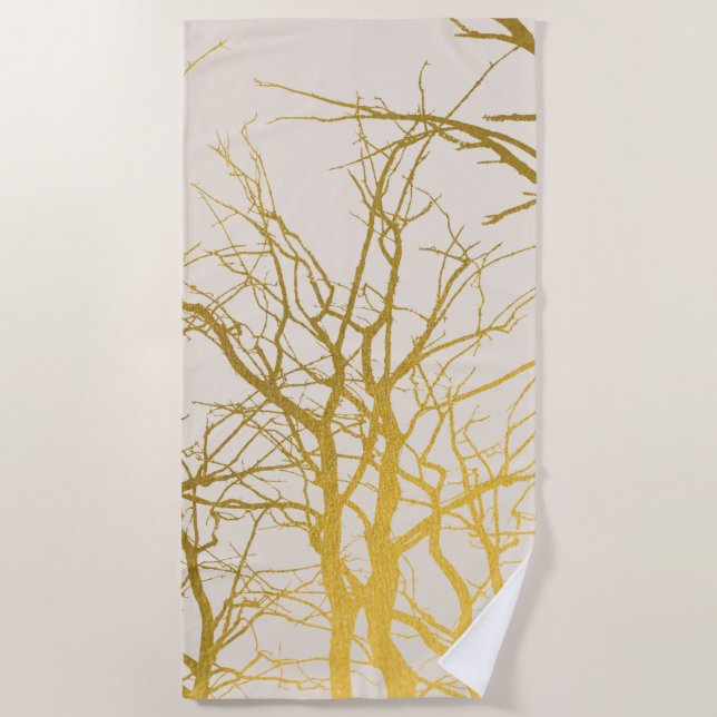 Gold Tree Branches Pattern Beige Background Beach Towel (Front)