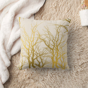 Gold Tree Branches Pattern Beige Background Cushion