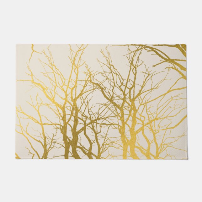 Gold Tree Branches Pattern Beige Background Doormat (Front)