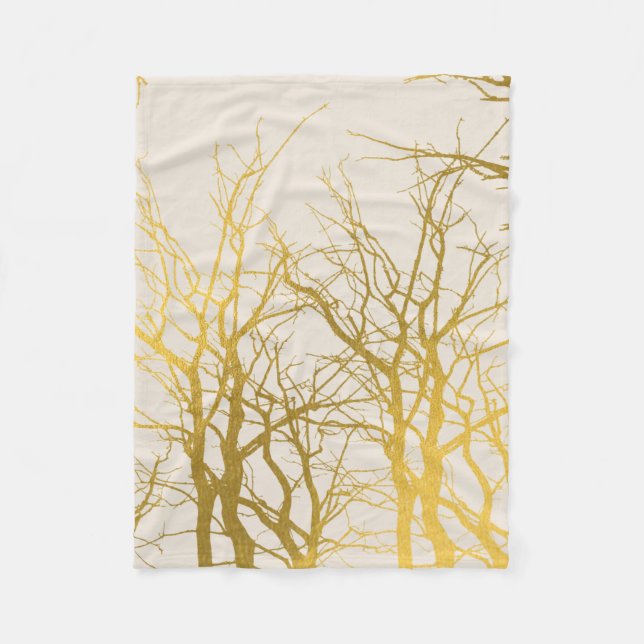 Gold Tree Branches Pattern Beige Background  Fleece Blanket (Front)