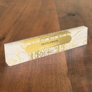 Gold Tree Branches Pattern Beige Background Nameplate