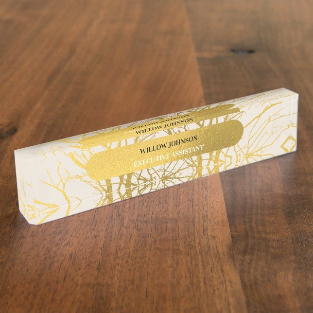Gold Tree Branches Pattern Beige Background Nameplate (Side)