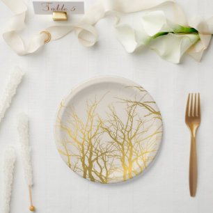 Gold Tree Branches Pattern Beige Background Paper Plate