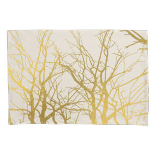Gold Tree Branches Pattern Beige Background Pillowcase