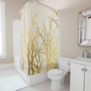 Gold Tree Branches Pattern Beige Background  Shower Curtain