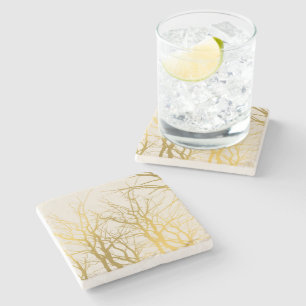 Gold Tree Branches Pattern Beige Background  Stone Coaster
