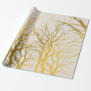 Gold Tree Branches Pattern Beige Background  Wrapping Paper