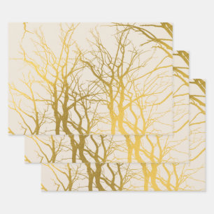 Gold Tree Branches Pattern Beige Background   Wrapping Paper Sheet