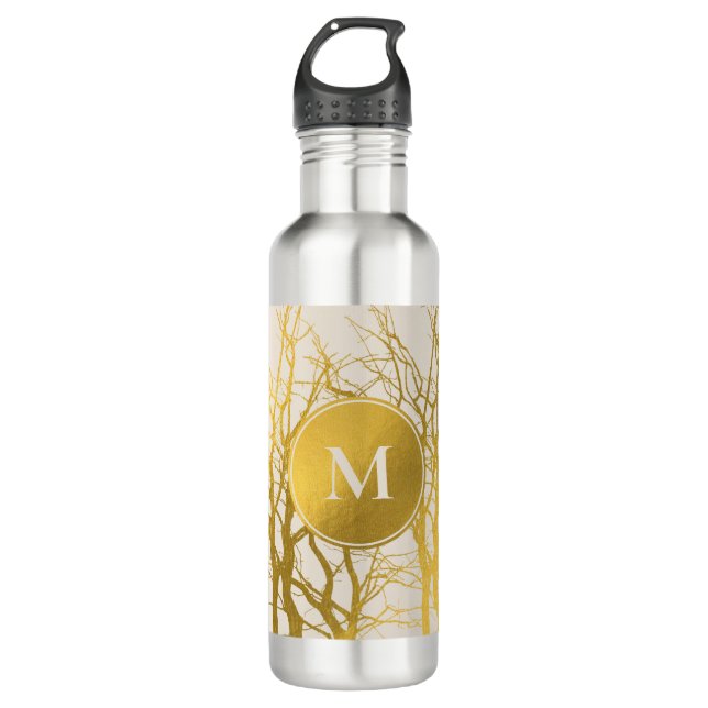 Gold Tree Branches Pattern Beige Monogram  710 Ml Water Bottle (Front)