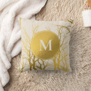 Gold Tree Branches Pattern Beige Monogram Cushion