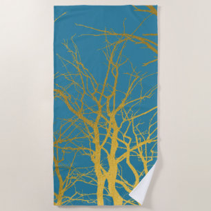 Gold Tree Branches Pattern Blue Background  Beach Towel