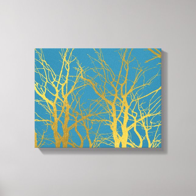 Gold Tree Branches Pattern Blue Background Canvas Print (Front)