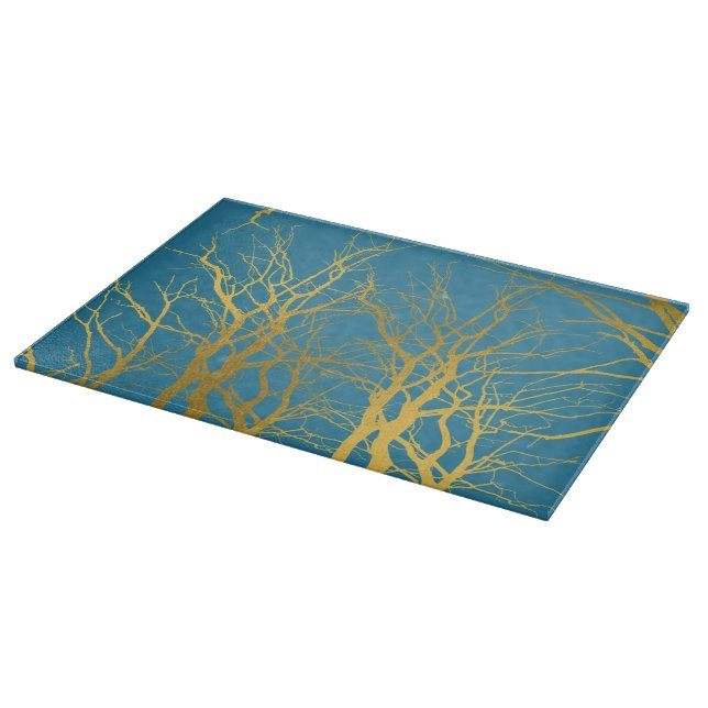 Gold Tree Branches Pattern Blue Background  Cutting Board (Corner)