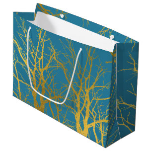 Gold Tree Branches Pattern Blue Background   Large Gift Bag