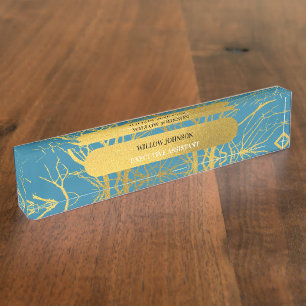Gold Tree Branches Pattern Blue Background Nameplate