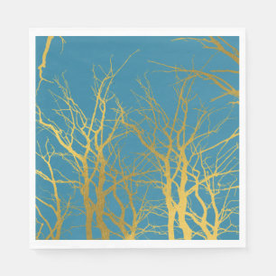 Gold Tree Branches Pattern Blue Background Napkin