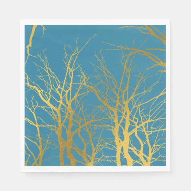 Gold Tree Branches Pattern Blue Background  Napkin (Front)
