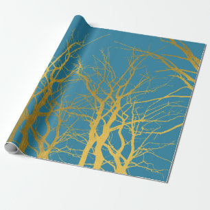 Gold Tree Branches Pattern Blue Background Wrapping Paper