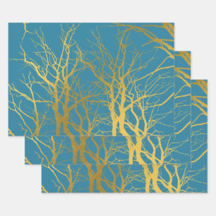 Gold Tree Branches Pattern Blue Background  Wrapping Paper Sheet