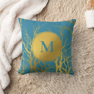 Gold Tree Branches Pattern Blue Monogram Cushion
