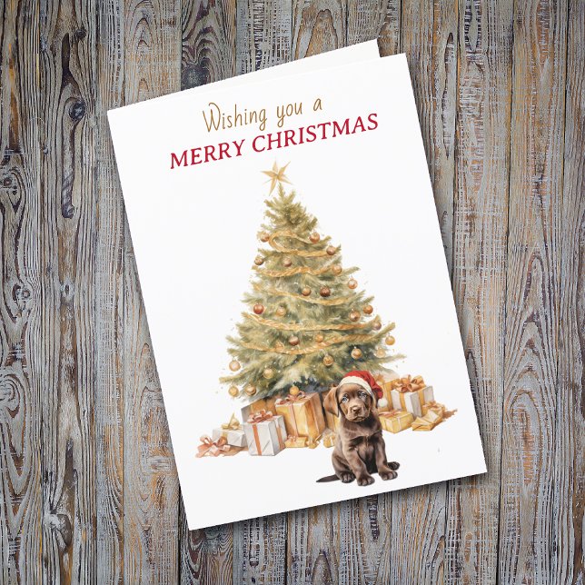 Gold Tree Chocolate Labrador Retriever Puppy Holiday Card (Creator Uploaded)