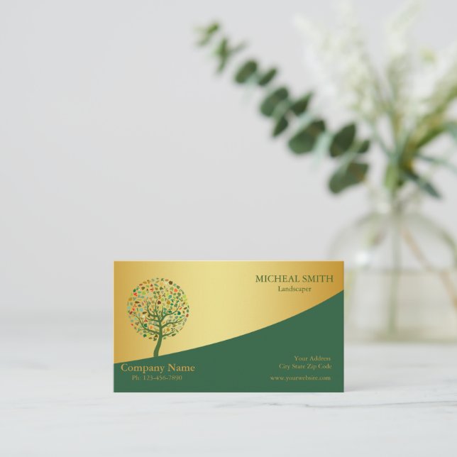 Gold Tree Garden Lawn Care and Landscape Business Card (Standing Front)