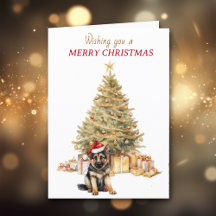 Gold Tree German Shepherd Puppy Christmas Card