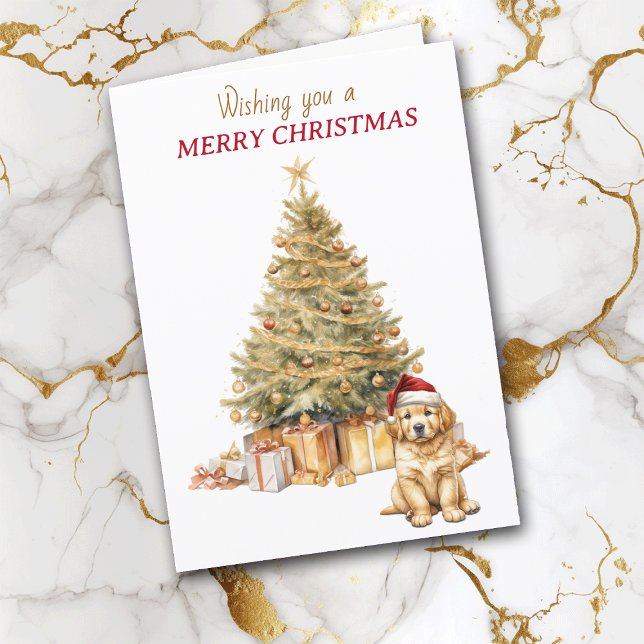 Gold Tree Golden Retriever Puppy Christmas Card (Creator Uploaded)