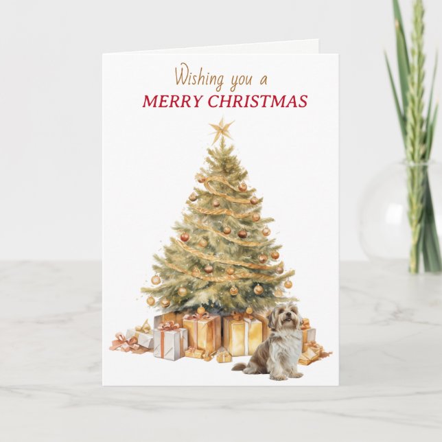 Gold Tree Havanese Dog Christmas Holiday Card (Front)