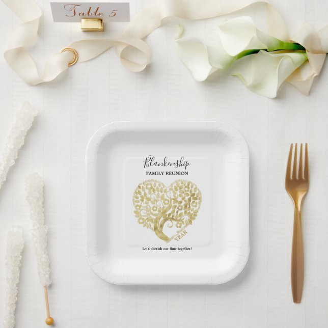 Gold Tree Heart Family Reunion Personalised Paper Plate (Wedding)