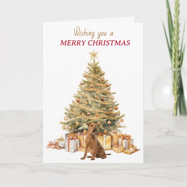 Gold Tree Irish Terrier Dog Christmas Holiday Card (Front)