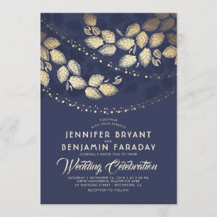 Gold Tree Leaves and Lights   Navy Blue Wedding Invitation