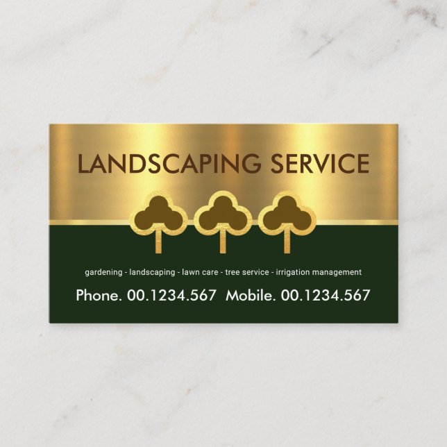 Gold Tree Line Green Lawn Care Business Card (Front)