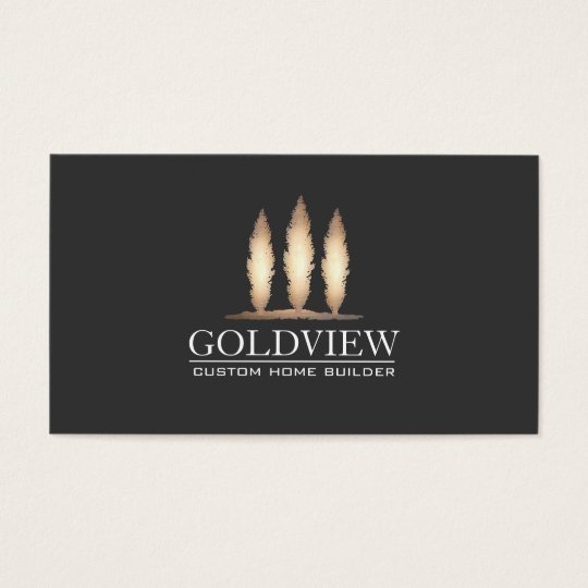 Gold Tree Logo Building Contractor Elegant Black Business Card