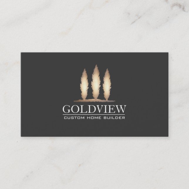 Gold Tree Logo Building Contractor Elegant Black Business Card (Front)