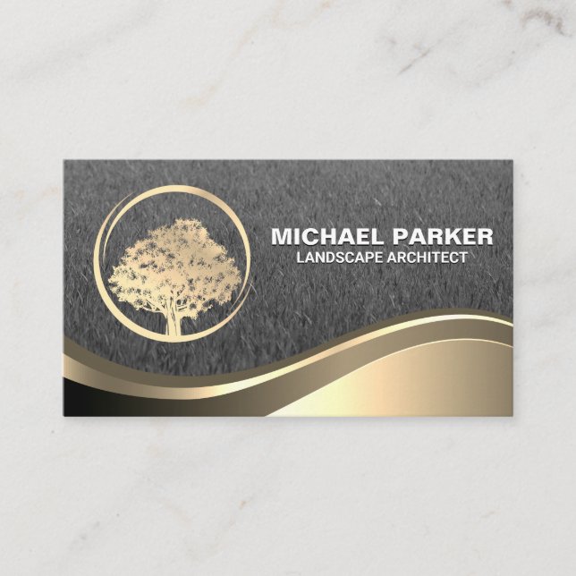 Gold Tree Logo | Gold Metallic Wave Business Card (Front)
