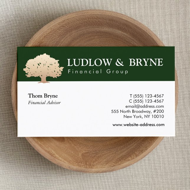 Gold Tree Logo Traditional Professional Dark Green Business Card (gold tree on green background. 
traditional design perfect for finance professionals)