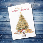 Gold Tree Maltese Dog Christmas Card<br><div class="desc">On the front of this Christmas card, an adorable Maltese Dog wears a red and white Santa hat and sits in front of a Holiday tree. The tree is decorated in gold, and matching gift packages are beneath it. The gold and red text says "Wishing you a MERRY CHRISTMAS". Inside...</div>