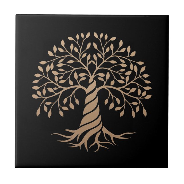 Gold Tree of Life Black Background Graphic Art Tile (Front)